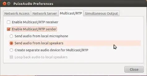 paprefs screenshot showing "enable multicast/rtp sender" checked and "send audio from local speakers" selected
