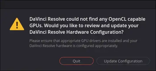 Screenshot of DaVinci Resolve error