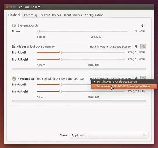 screenshot of pavucontrol showing active applications and a button for each that brings up a dropdown menu with the available soundcards, two in this case