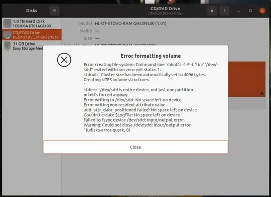 Screenshot of error in Disks app