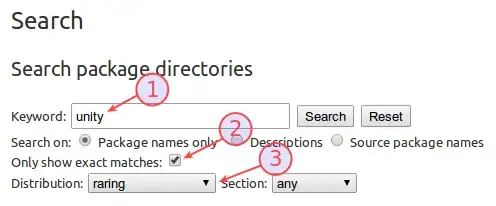 Search package direction. Keyword search box: "unity", with buttons for "Search" and "Reset". Followed by options for "Search on", with "Package names only" selected (with "descriptions" and "Source package names" being the other options). A checkbox for "Only show exact matches" is ticked. A "distribution" dropdown has "raring" selected, and a "section" dropdown is set to "any".
