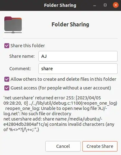 Share error screenshot