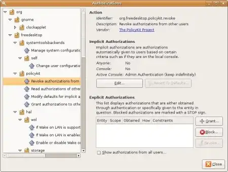 window with the title Authorizations showing a tree-view on the left side in which polkit authorizations may be selected and controls on the right to adjust them