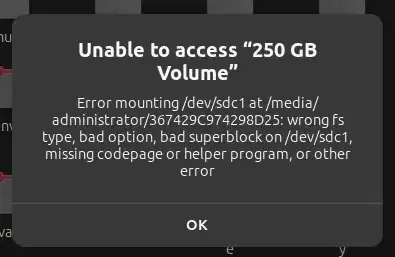 Screenshot showing error when mounting USB flash drive