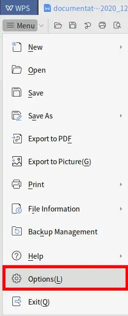 WPS Menu -> Options