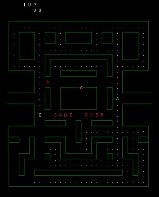 screenshot of the myman pacmanlike ncurses game