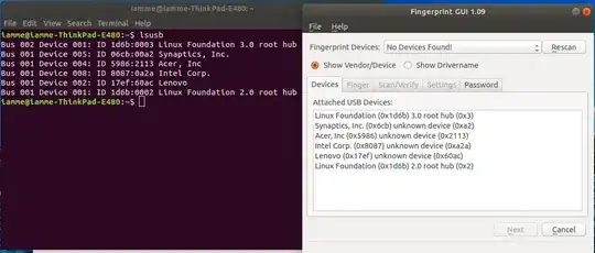 Screenshot showing lsusb and Fingerprint GUI output