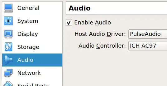 the audio settings in virtualbox