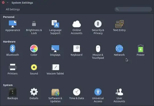 Settings window of Ubuntu with mouse over "Network"