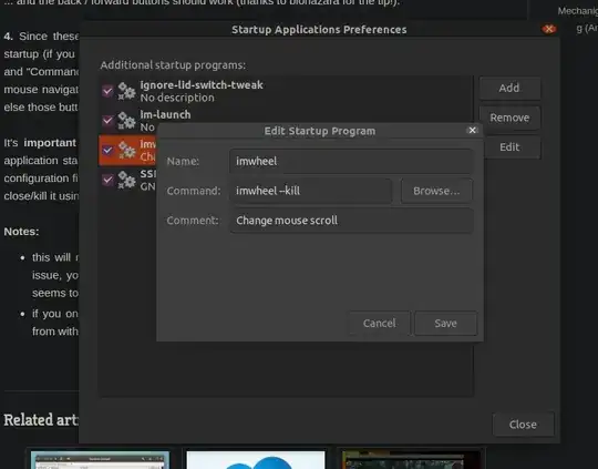 Screenshot of Startup Applications Preferences with Edit Startup Program dialog opened for imwheel