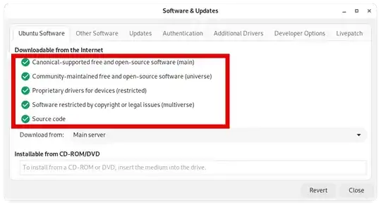Software & Updates panel, on the "Ubuntu Software" tab. There are five options in "Downloadable from the internet", all selected: Canonical-supported free and open-source software (main); Community-maintained free and open-source software (universe); Proprietary drivers for devices (restricted); Software restricted by copyright or legal issues (multiverse); Source code. A "Download from" dropdown is set to "Main server".