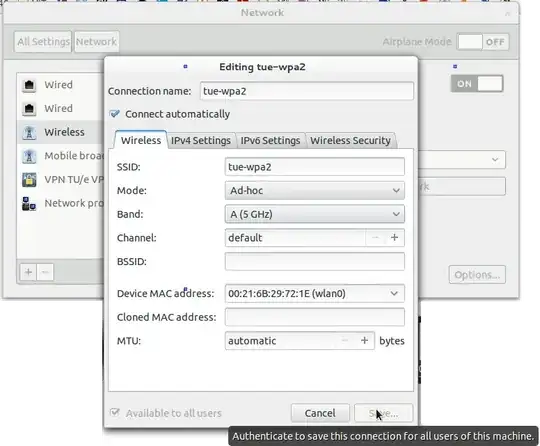 Wireless connection settings panel