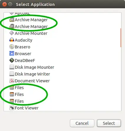 "Select application" dialogue