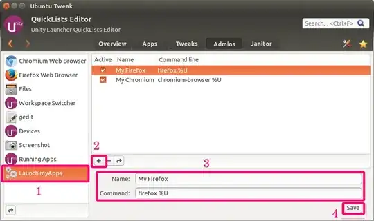 Editing an application launcher in the QuickLists editor