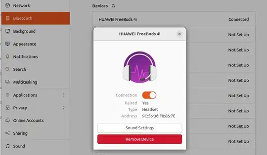 Screenshot HUAWEI FreeBuds 4i Connected Bluetooth Device under Gnome Bluetooth Settings on Ubuntu 22.04 LTS