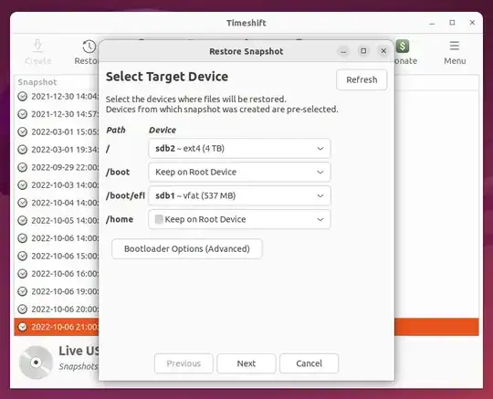 The Timeshift "Select Target Device" prompt. The root drive is set to sdb2, and the /boot/efi drive is set to sdb1. The other paths are set to "Keep on Root Device"