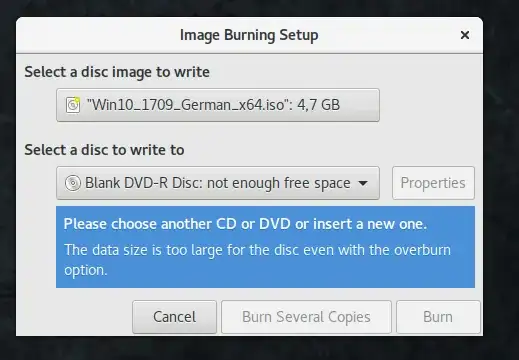 brasero dialog data size is too large for the disc