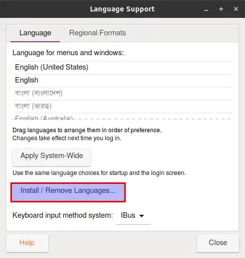 Language support dialog